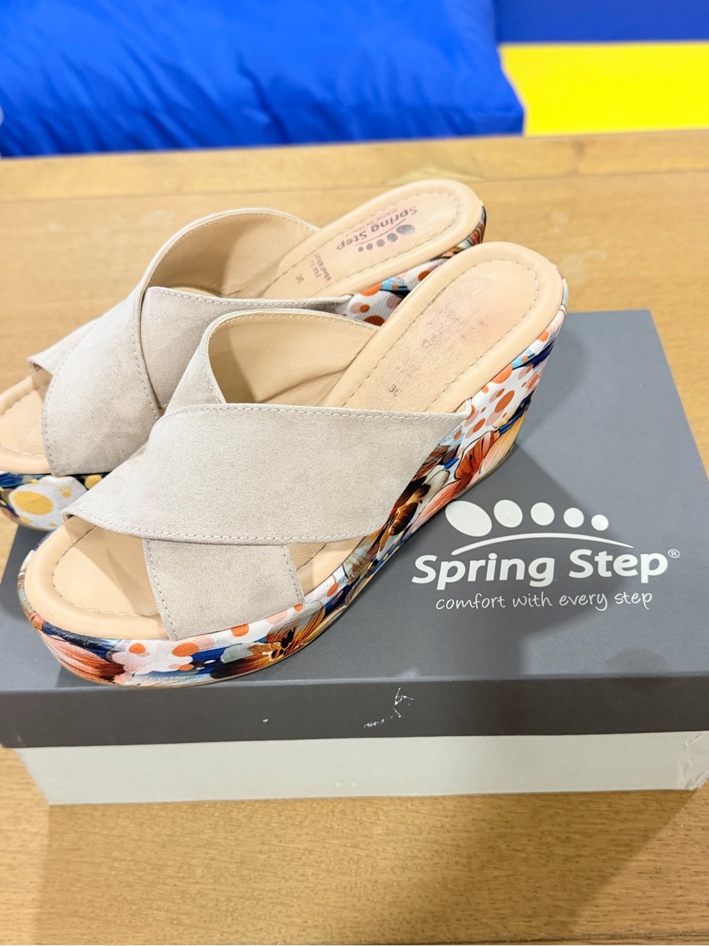 Spring Step Neutral Suede Crossband Floral Platform Wedges w/ original box